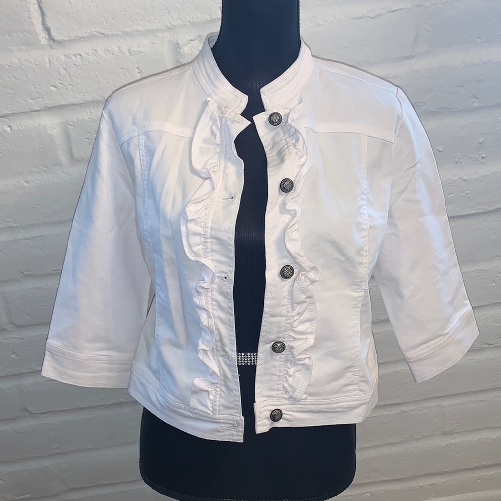 White Ruffle Front Jean Jacket